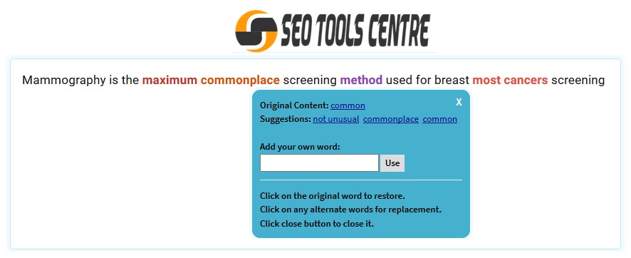 Screenshot from SEO tools center Article Rewriter Tool