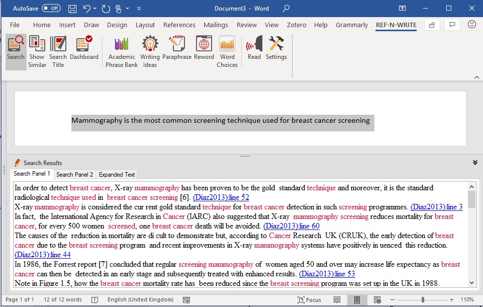 Screenshot of searching documents in REF-N-WRITE