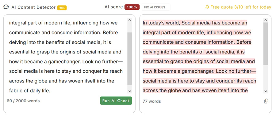AI detector detecting AI text correctly